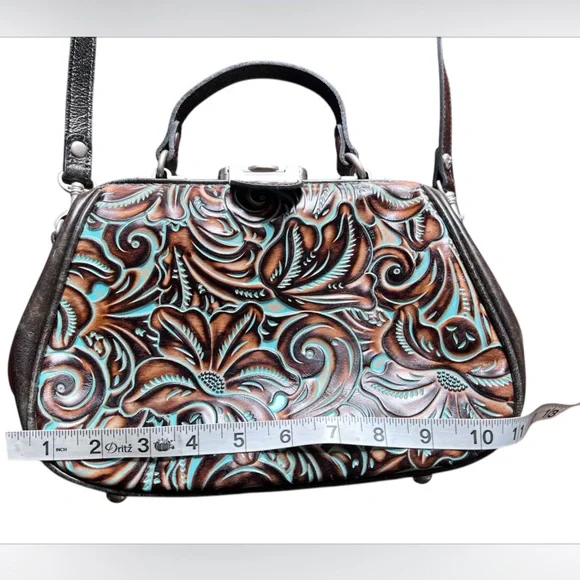 Patricia Nash Turquoise Framed Gracchi Tooled Burnt Leather Crossbody Set - Picture 9 of 16